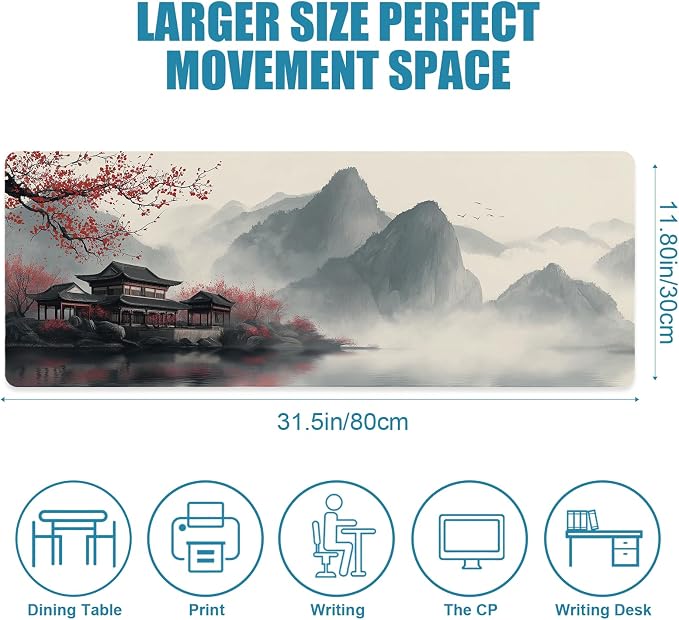 Japanese Large Mouse Pad, Gaming Mousepad Big XL Extended Non-Slip Stitched Edges, Desk Mat, Laptop Computer Keyboard Pad for Desktop Decor Office Home, 31.5x11.8in - Image 2