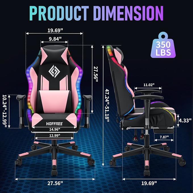HOFFREE RGB Gaming Chair for Kids LED Computer Chair 155°Recliner-Pink | PC Game Chair with Lights Gamer Chair for Boys Teens 8-15 Video Game Chairs with Footrest and Lumbar Support Racing Style - Image 3