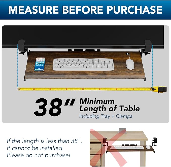 AX WABER Keyboard Tray Under Desk Pull Out with Extra Sturdy C Clamp Mount System, 32.8 (38 inch Including Clamps) x 12 Inch Slide-Out Platform Computer Drawer for Typing Vintage AX01WG202 - Image 5