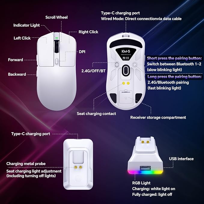 YPBDAN 24000 DPI Wireless Gaming Mouse with RGB Charging Dock - Image 4