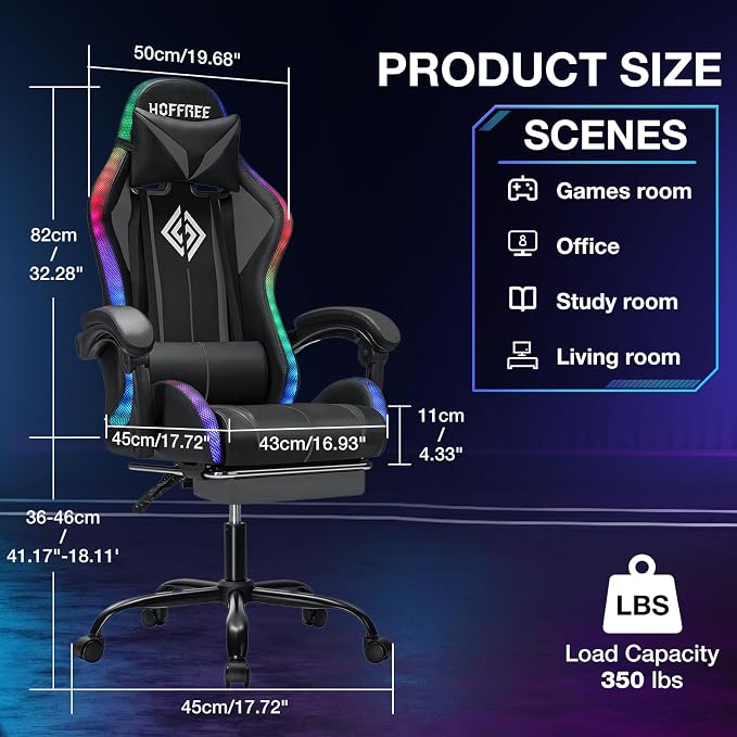 RGB Gaming Chair with LED Lights Massage Ergonomic Computer Chairs-Grey | High Back Video Game Chair with Footrest & Adjustable Lumbar Support Gamer Chairs for Adults Racing Style Recline - Image 2