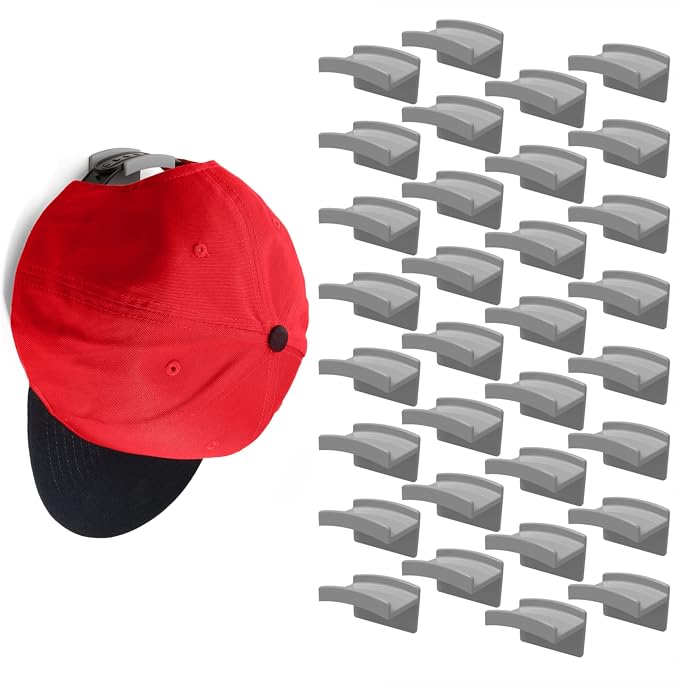 Modern JP Adhesive Hat Hooks for Wall (32-Pack) - Minimalist Hat Rack Design, No Drilling, Strong Hold Hat Hangers - USA Patented, Gray by ModernJP