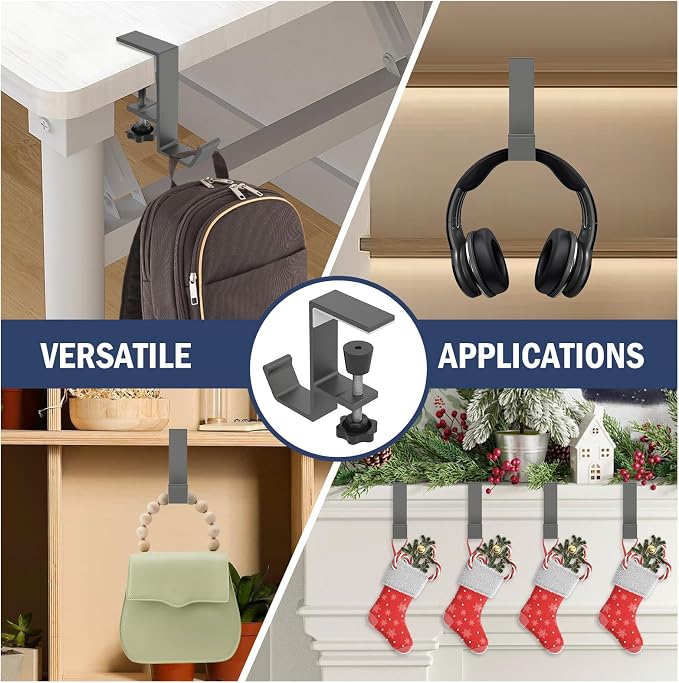 Clamp-On Under Desk Backpack Hanger, Clamp-On Under Desk Headphone Holder, Students' Desk Hook, with Adjustable Arm Clamp for Handbag and Purse Holder (Grey) - Image 4