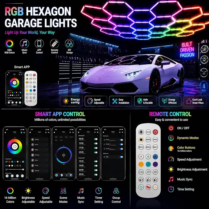 25Pack RGB Hexagon LED Garage Lights, 5 Hexagon Smart Honeycomb Lights with APP & Remote Control, Music Sync, 358 RGB Colors, Dimmable DIY Modular Lighting for Garage, Gaming Room & Car Detailing - Image 4