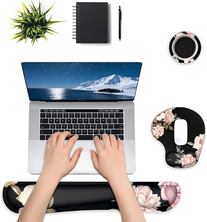 MOSISO Curved Wrist Rest Support for Mouse Pad&Keyboard Set, Black | Peony Ergonomic Mousepad Non-Slip Base Home/Office Pain Relief&Easy Typing Cushion with Neoprene Cloth&Raised Memory Foam - Image 6