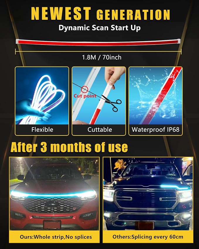 YM E-Bright LED Hood Light Strip, 70in Ice Blue Dynamic Scan DRL 12V 1Set - Image 2