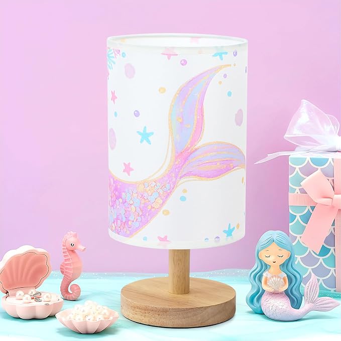 Mermaid Table Lamp for Kids Bedroom - Mermaid Tail Pastel Kids Bedside Lamp with Linen Wooden Nightstand Nursery Lampshade for Girls Room Decor by MASTRON