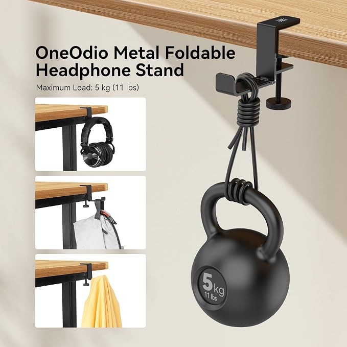 OneOdio MTL99 Foldable Headphone Stand, Metal Headset Holder Space-Saving Table Hook, Clamp-on Under Desk Hanger, Universal Fit Gaming Headphones Mount, Black - Image 6