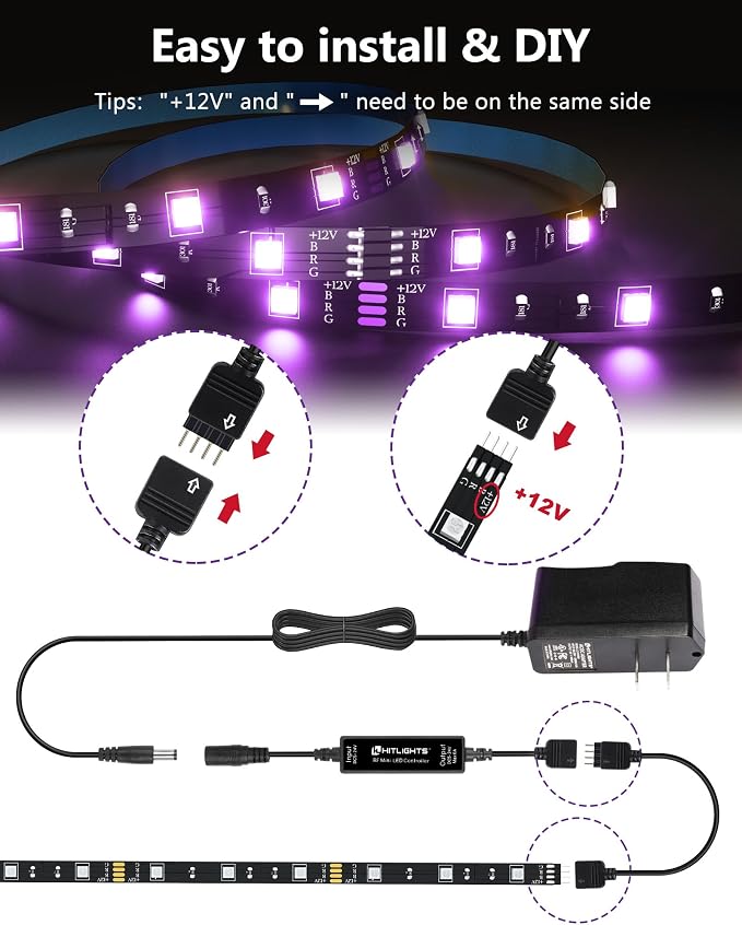 HitLights LED Strip Lights Kit, RGB Color Changing Tape Light Pre-Cut 3FT - Image 6