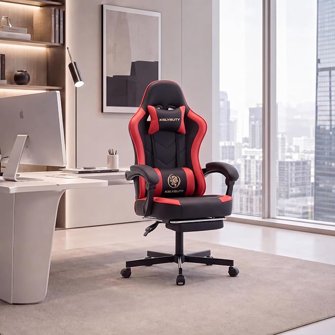 Desk Computer Gaming Chair - High Back Ergonomic Office Chair with Footrest and Lumbar Support, Swivel Comfy Home Gamer Video Game Chairs with Pocket Spring Cushion for Adults (Red Leather) - Image 8