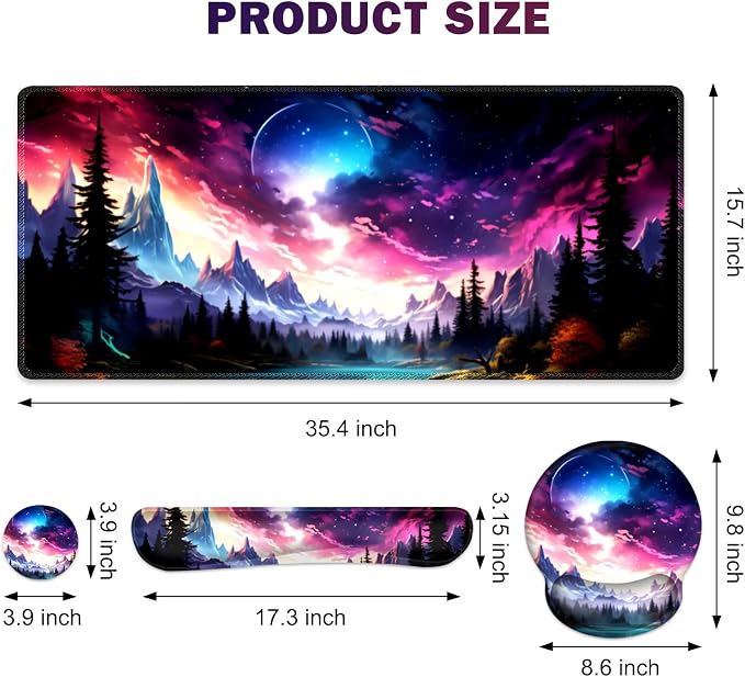 Gaming Mouse Pad, Large Desk Mat, Cute Desk Pad Protector, 4in1 XXL Mousepad + Keyboard Wrist Rest+Mouse Wrist Rest+Coaster Set with Ergonomic Desk Pad for Home Office Table Computer, Purple Hill - Image 2