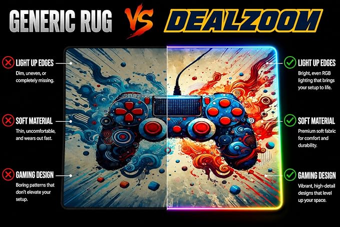 Gaming Rug RGB LED Light (3x5 Waveburst Controller) - Bedroom Gamer Rug Floor Mat Gaming Decor - Kids Room Rug Anti Slip Mat for Gamer Chair – Play Game Room Décor for Teen, Boys, Kids - Image 3