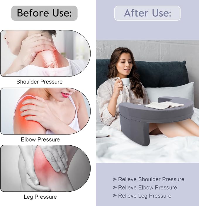 Reading Pillow for Gaming, Arm Rest Lap Desk Pillow Memory Foam Reading Pillow with Side Pocket for Adult Sitting up in Bed Working Crocheting - Image 2