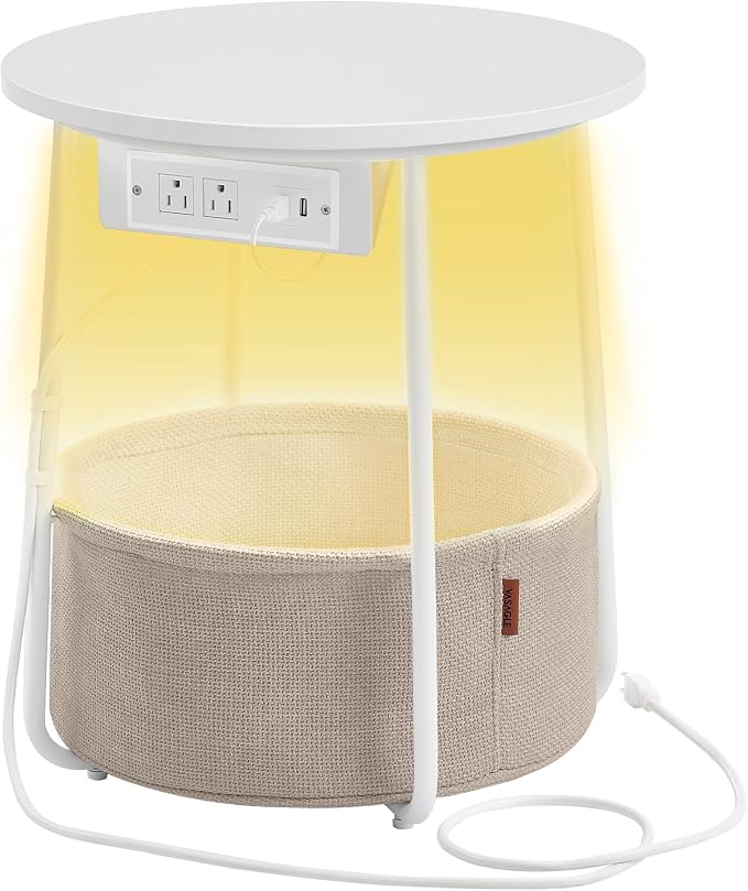 VASAGLE Side Table with Charging Station,Fabric Basket, LED Round End Table - Image 8