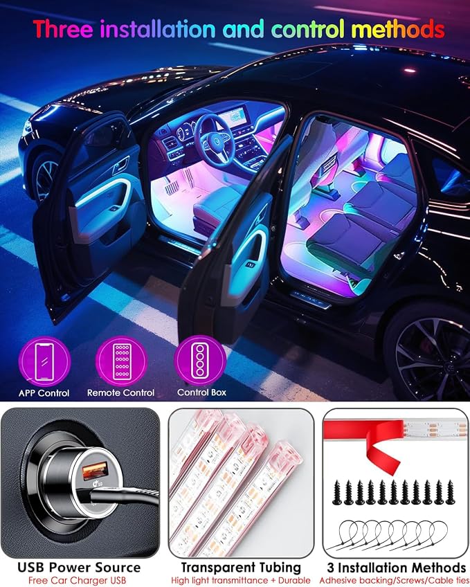 RGB-IC Car Interior Lights, 48 LED USB Under Dash Ambient Light Strips - Image 4