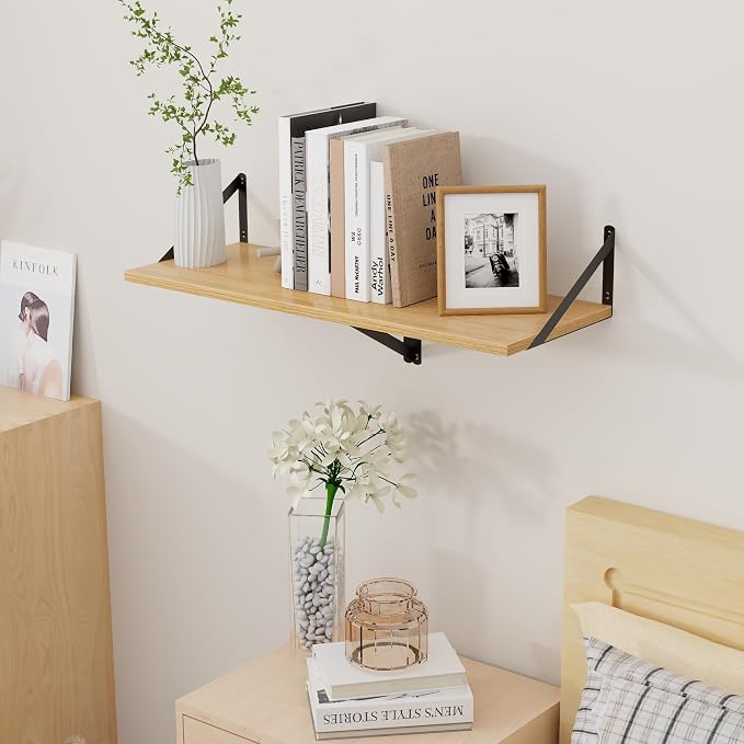 Axeman Deep Floating Shelves, 12 Inch Deep Rustic Oak Floating Wall Shelves Set of 2, 16W x 12D Large Floating Shelves Living Room Cleanning Room Laundry Room Garage - Oak with Black Brackets - Image 2