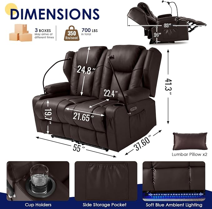 Redlife Power Loveseat Recliner Sofa with Blue LED Base Lights - Image 3