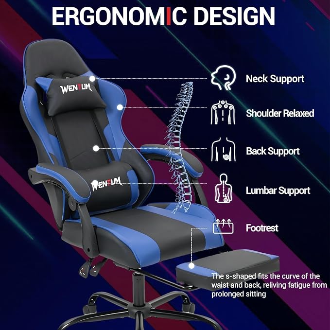 Gaming Chair with Footrest for Adults, PU Leather Massage Racing Video Game Chair with Lumbar Support for Men Women, Ergonomic Computer Gamer Chair for Home Office, Height Adjustable, Blue - Image 4