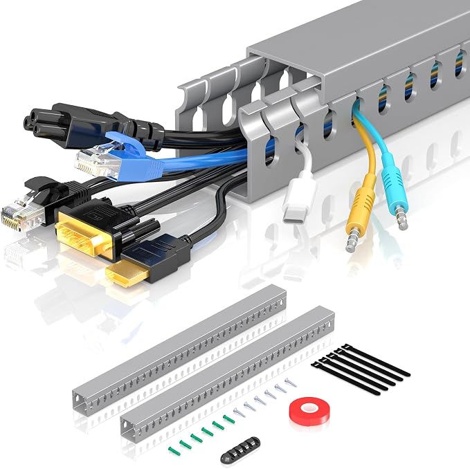 Open Slot Wire Duct Kit, 31.4"(2 x 15.7) Server Rack Cable Management, Cable Management Raceway for Hide Network HDMI VGA Cable, Wiring Raceway Cable Duct, Desk Wire Channel, 2 Pack, Grey by Aocii