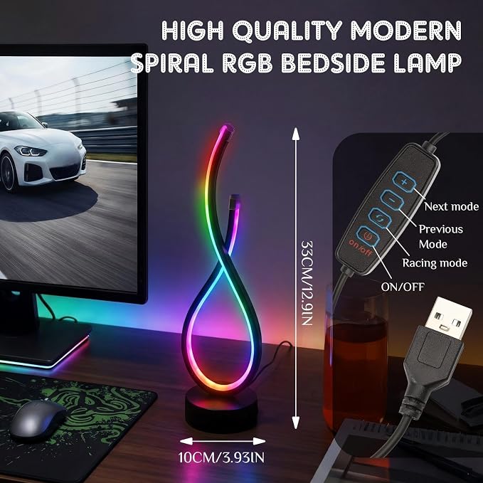 VIHOSE Spiral Unique Desk Lamp RGB Modern Spiral LED Table Lamp Bedside Nightstand Remote Control Dimmable 8 Colors 36 Light Mode Cool Stepless Desk Lamps USB Gaming Living Room Bedroom Gift, Black - Image 2
