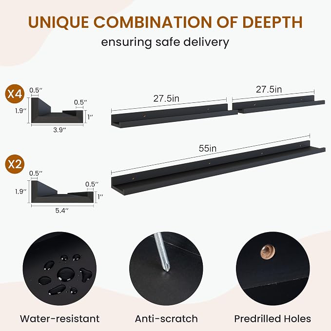 Picture Ledge Shelf, Floating Shelves for Wall Decor, Black, Set of 6, 55'' - Image 3