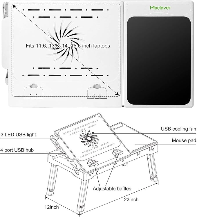 TeqHome Laptop Table for Bed, Adjustable Laptop Bed Desk with Fan, 4 USB Ports, Portable Lap Desk with Foldable Legs, Laptops Stand for Couch Sofa Bed Tray with LED Light, Storage, Mouse Pad - White - Image 9