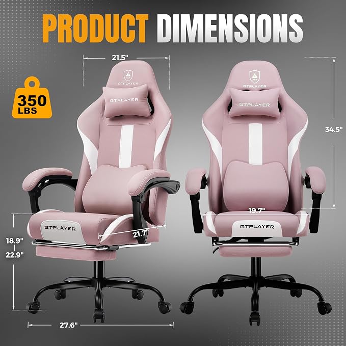 GTPLAYER Gaming Chair with Foot Rest & Pocket Spring Cushion, Breathable Fabric for Home Office Desk, Ergonomic High Back Computer Chair with Headrest & Lumbar Support, Pink - Image 2