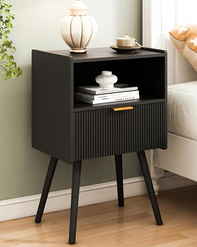 JOONEE Black Nightstand,Modern Bedside Table with Storage Drawer and Open Wood Shelf, for Living Room, Bedroom and Small Spaces, Accent Night Stand with Solid Wood Legs, Easy Assembly,Classic Black by JOONEE