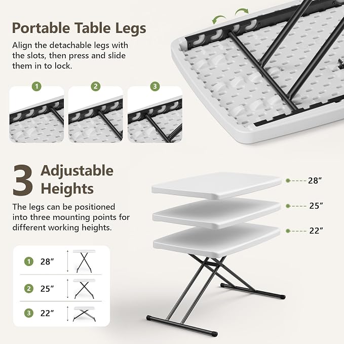 Folding Table 30 Inch -6pack, Small Desk Adjustable Height TV Tray for Laptop, Couch, Camping - Heavy Duty Utility Foldable Table for Small Spaces, No Assembly Required, White - Image 8