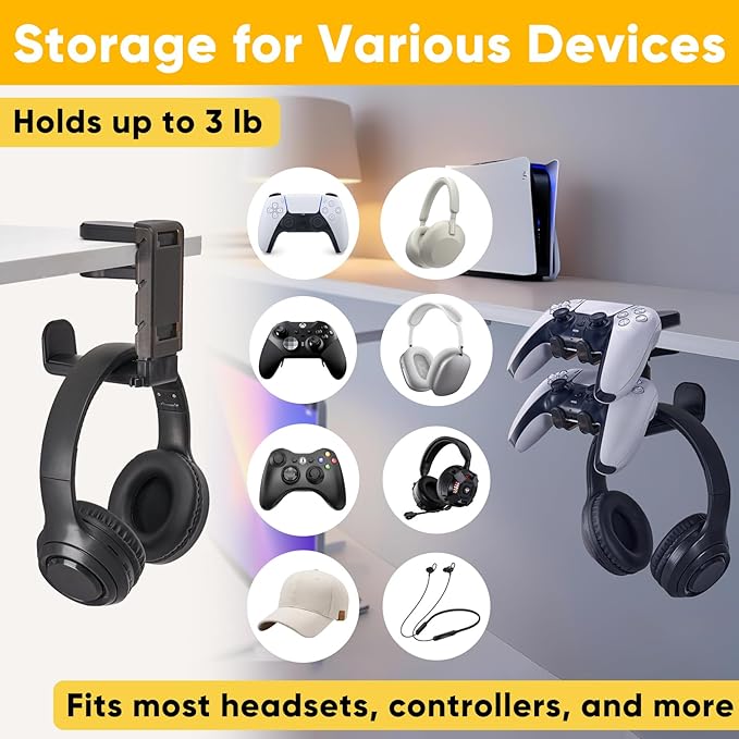 3 in 1 Under Desk Headphone Hanger with Adjustable Clamp Mount, 2 Controller Slots & 1 Headset Universal Holder Stand, Rotatable Hook Rack & Cable Organizer, for Home Gaming Xbox ps5 - Black - Image 2