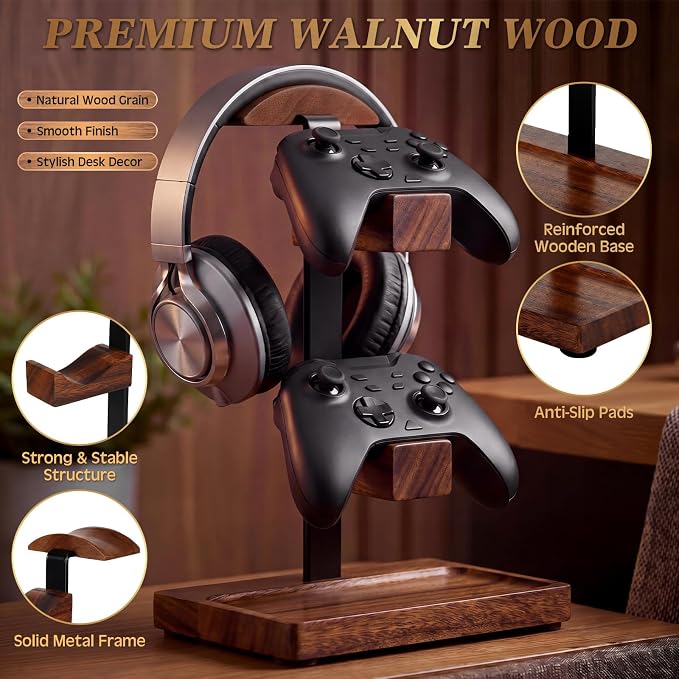 Headphone Stand with Controller Holder, Gaming Headset Stand for Desk, Walnut Headphone Holder Desk Organizer Gaming Accessories Gift for Gamers(Deep Walnut) - Image 3