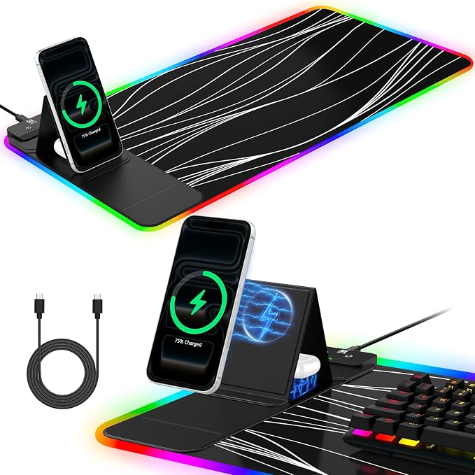 RGB Mouse Pad with Foldable Phone Stand Wireless Charger, 31.5"x11.8" XL Gaming Mousepad Large Desk Mat, Desk Pad with 11 Colors 5 Modes, Waterproof by miroddi
