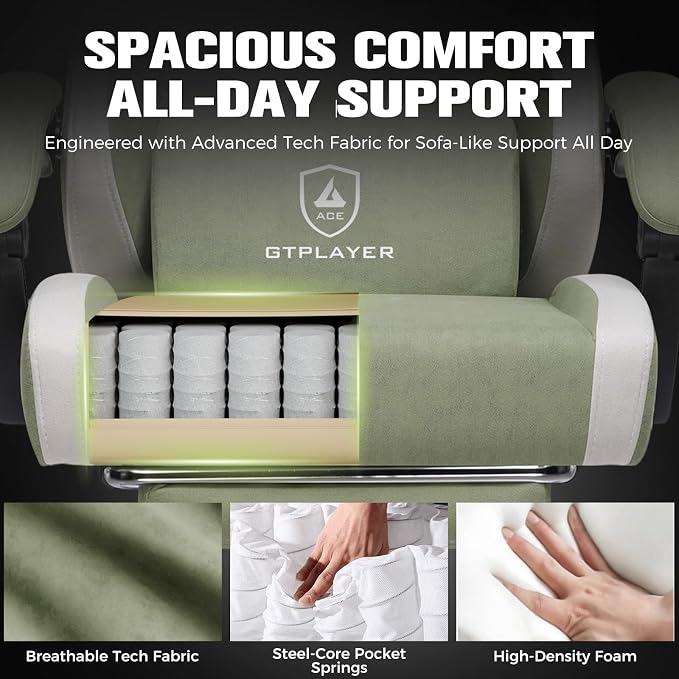 GTPLAYER Gaming Chair, Ergonomic Computer Chair with Footrest and Lumbar Support, High Back Recliner Chair 350lbs, Height Adjustable for Home Office, Green - Image 5