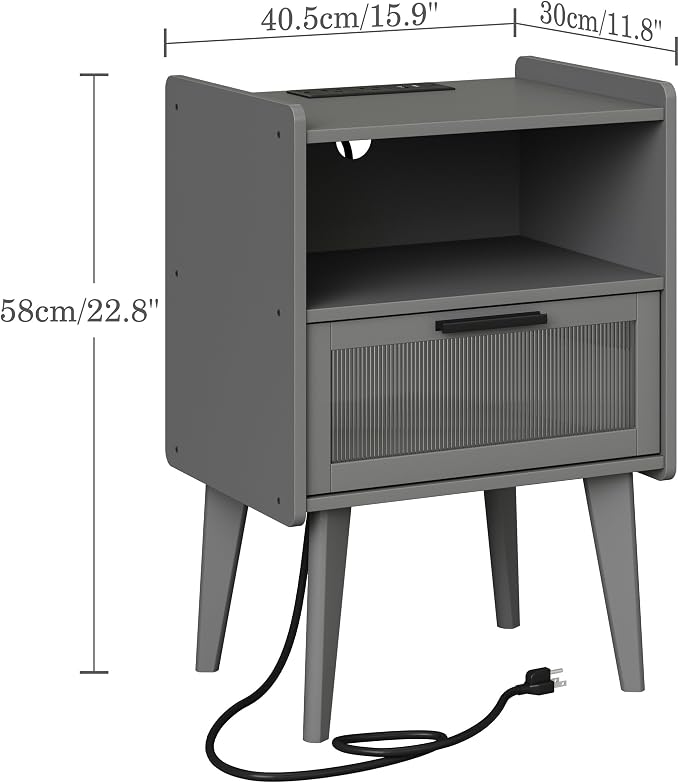 MMEOLUOOK Nightstand with Charging Station, Bedside Tables Set of 2, End Table Side Table with 2 Tiers Storage Space, for Bedroom, Living Room, Grey MLBZ07ZEV-2 - Image 3