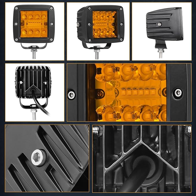 LED Cubes Amber, Nirider 2PCS 84W 3 Inch LED Pod Lights Off Road Driving Spot Flood Combo Light Bars Amber Fog Lights Square Work Light for Truck Car ATV UTV Boat - Image 3