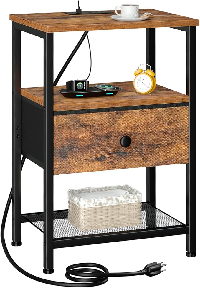 LOAKEKEL Night Stand, Small Nightstand with Charging Station by LOAKEKEL