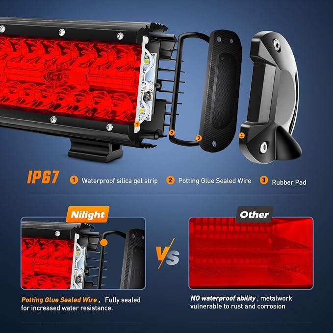 Nilight LED Light Bar 12 Inch 240W Red Pod Lights Triple Row Spot Flood Combo 30000LM Driving Boat Off Road Lighting for Trucks Pickup Golf Cart SUV ATV UTV 4x4 Van Camper Tractor - Image 6