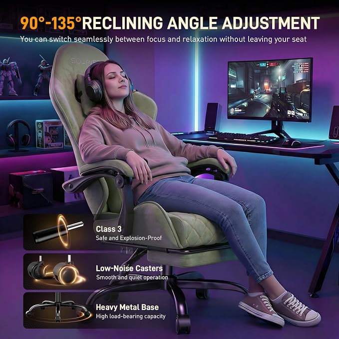 HLDIRECT Massage Recliner Gaming Chair with Footrest for Adults, Green | 300lbs Capacity, Ergonomic Office Computer Chair, Lumbar Support, Breathable Fabric, Headrest, 360° Swivel, Metal Frame - Image 4