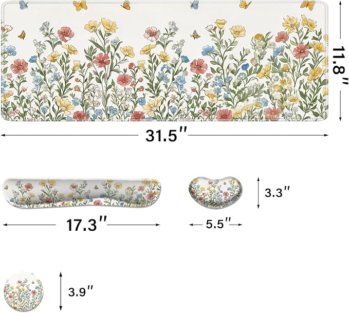 Desk Pad and Keyboard Wrist Rest, Large Mouse Pad + Keyboard Pad+Mouse Wrist Support, Non-Slip Desk Mat Protector for Office, Home 31.5×11.8 Inches Spring Floral - Image 2