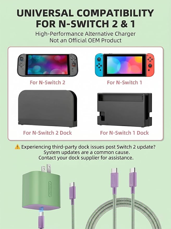 TPC 60W Charger for Nintendo Switch 2, Supports 4K TV Mode, Fast Charging AC Adapter (20V 3A) with 6.6FT Braided USB-C Cable, Compatible with Switch 1/OLED/Lite & Steam Deck (Green & Lavender) - Image 2