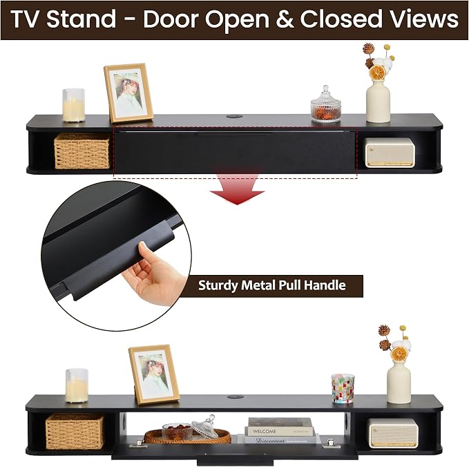 Floating TV Stand, 55" Wall Mounted TV Cabinet, Wood Media Console for TVs up to 65", Entertainment Center with Storage for Living Room, Under TVs Shelf for DVD Player, Black - Image 7