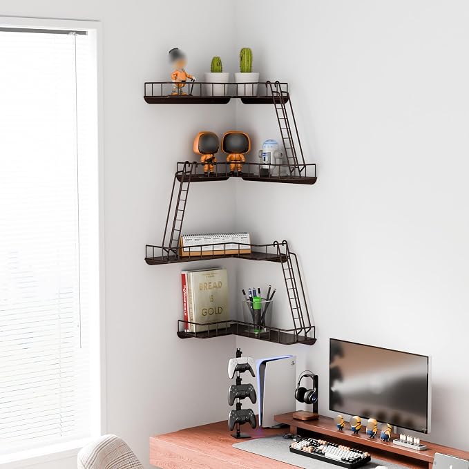 Fire Escape Wall Shelf - Modern City Style 4-Tier Corner Wall Shelves, Easy to Install Metal Ladder Shelf for Figures, New York Decorative Shelves for Bathroom, Living Room&Home Decor,Coffee - Image 5
