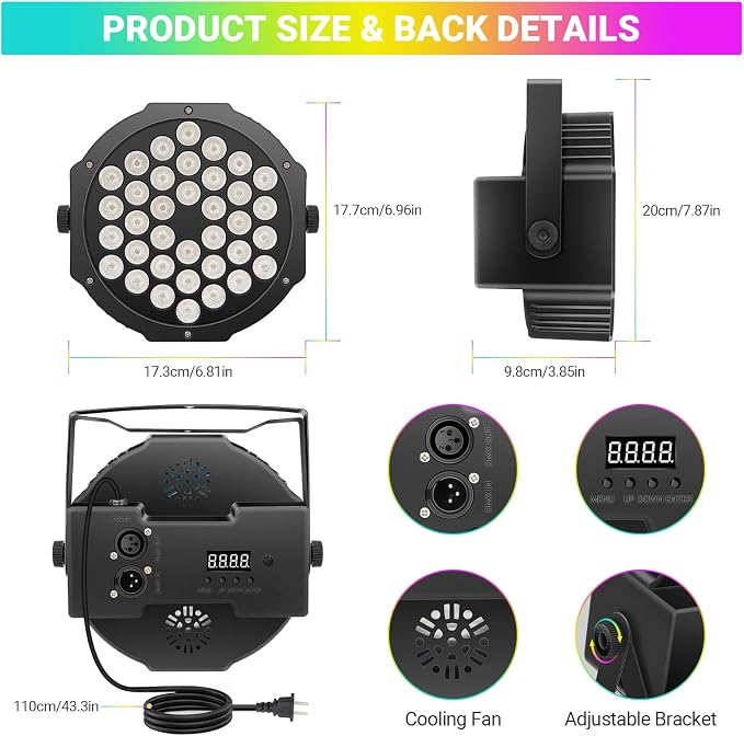 36LEDs RGB Stage Lights 2Pack: 36W LED Par - Sound Activated Remote & DMX Control - Corded Electric Uplights for Events Wedding Party Club Band Music Dance DJ Live Show Church Lighting - Image 4