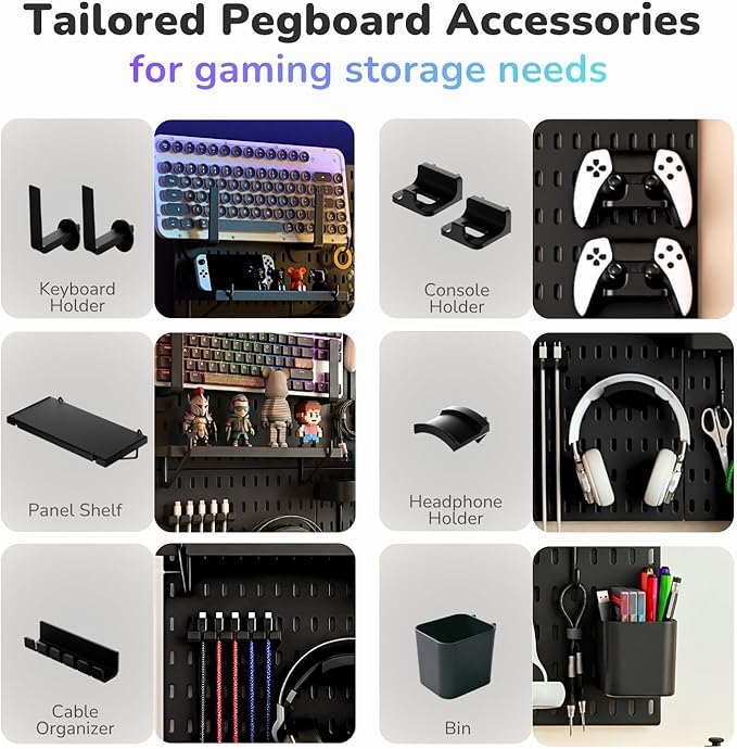 Keepo Peg Board Wall Organizer for Gaming Setup, Pegboard with Adhesives & Screw Mounts, Includes Peg Board Accessories for Gaming Accessories, Tech Storage & Office Organization (Black, 22″×22″) - Image 5