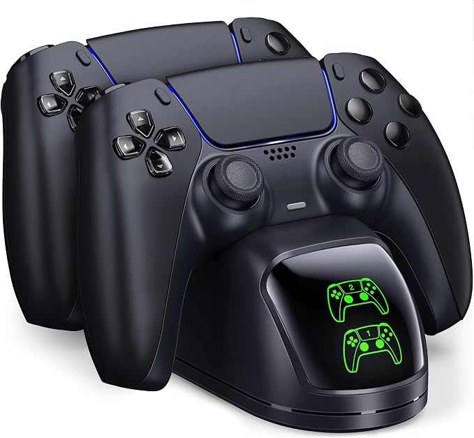 Controller Charging Station for PlayStation 5 Dualsense Controller with Dual Stand Charger Dock, Upgrade Charger for PS5 Accessories Fast Charging Cable, Charging Station Black for PS5 by Fegliea