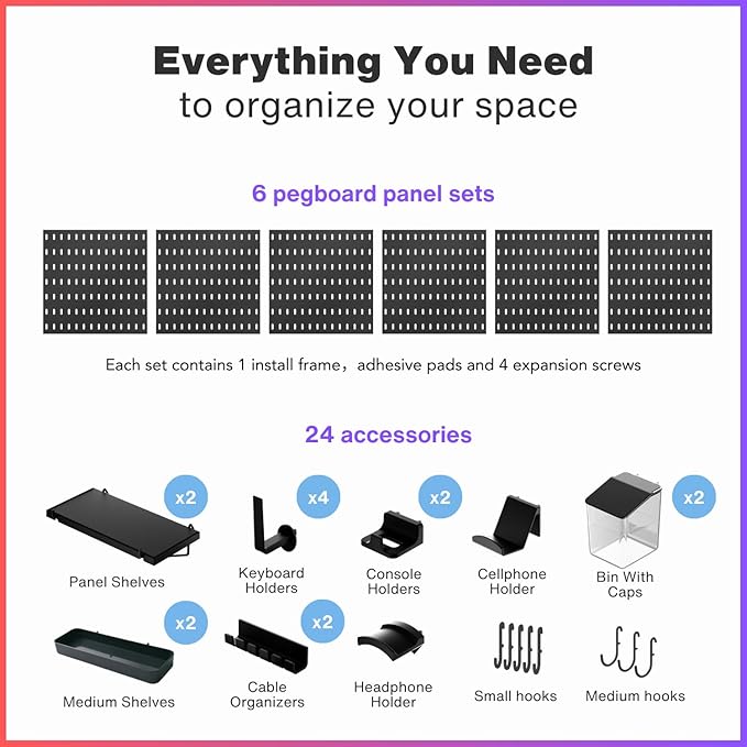 Keepo Peg Board Wall Organizer for Gaming Setup, Pegboard with Adhesives & Screw Mounts, Includes Peg Board Accessories for Gaming Accessories, Tech Storage & Office Organization (Black, 33″×22″) - Image 3