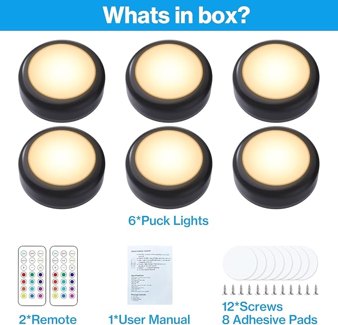 Cadrim Puck Lights, 6 Pack 13 Colors Changeable Under Cabinet Lamps, Led Lamps for Bedroom, LED Puck Lightings, Battery Powered Under Counter Light with 2 Wireless Remote Controls, Black - Image 8
