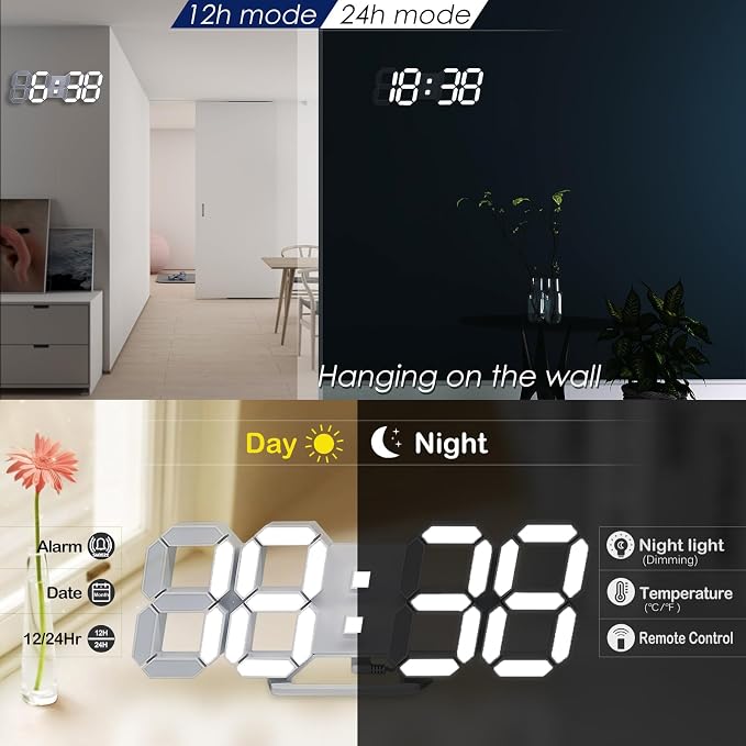 KOSUMOSU Wall Clock 15" 3D LED Digital Clock for Bedroom,Large Digital Wall Clock for Living Room Decor,Modern Aesthetic Led Clock with Remote Control - Image 5