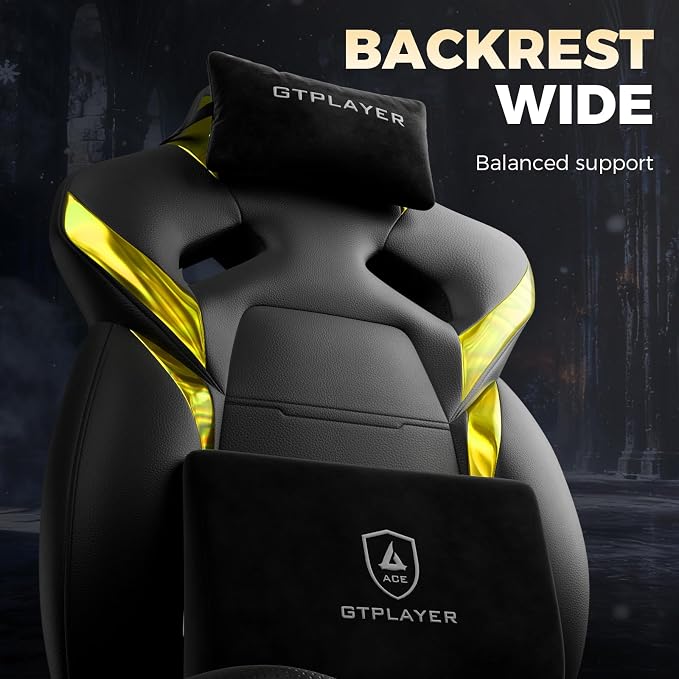 GTPLAYER Big and Tall Gaming Chair for Adults, Ergonomic Office Chair with Footrest, Heavy Duty 350 lbs Capacity, High Back, Premium Leather & Iridescent Trim, ACE-Armor, Yellow (Iridescent) - Image 8