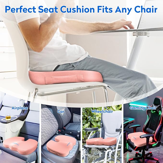CushZone Memory Foam Seat Cushion for Office, Car & Wheelchair, Pink | U-shaped Coccyx Cutout, Contoured Design, Breathable Removable Mesh Cover, Non-Slip Base, Carry Handle - Image 5